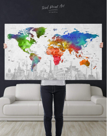 Watercolor Sightseeing Push Pin World Map Canvas Wall Art - image 4