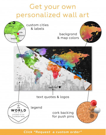 Watercolor Sightseeing Push Pin World Map Canvas Wall Art - image 4