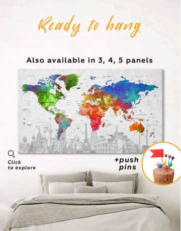 Watercolor Sightseeing Push Pin World Map Canvas Wall Art