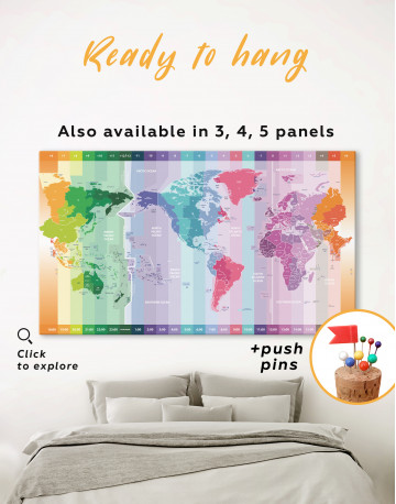 Multicolor Push Pin World Map with Time Zones Canvas Wall Art - image 2