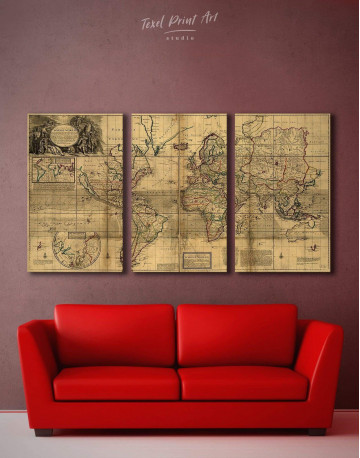 3 Panels Old World Antique Map Canvas Wall Art