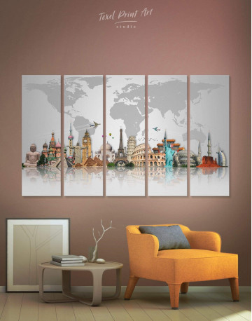 5 Panels Large Abstract Grey World Map Canvas Wall Art