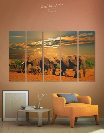 5 Panels African Elephants Safari Canvas Wall Art