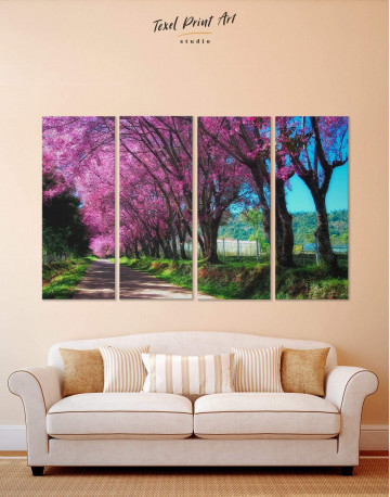4 Panels Japanese Cherry Blossom Trees Canvas Wall Art