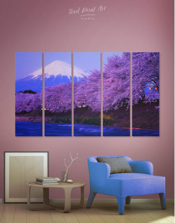 5 Panels Japanese Mount Fuji Cherry Blossom Canvas Wall Art