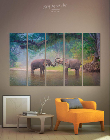 5 Panels African Elephants in Water Canvas Wall Art