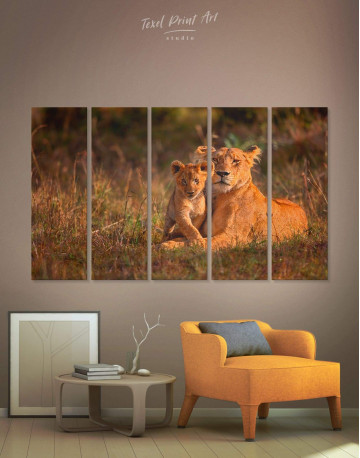 5 Pieces Lioness and Baby Lion Canvas Wall Art