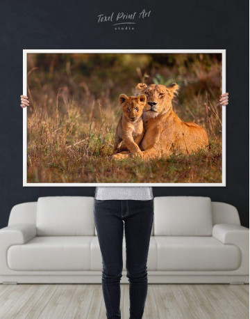Framed Lioness and Baby Lion Canvas Wall Art - image 2