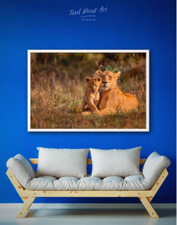 Framed Lioness and Baby Lion Canvas Wall Art - image 1