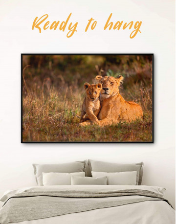 Framed Lioness and Baby Lion Canvas Wall Art