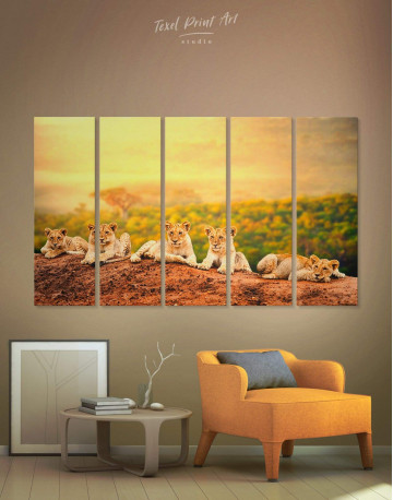 5 Panels African Lions Family Canvas Wall Art