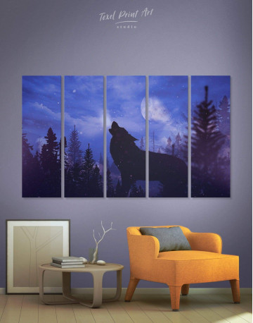 5 Pieces Howling Wolf at Night Canvas Wall Art