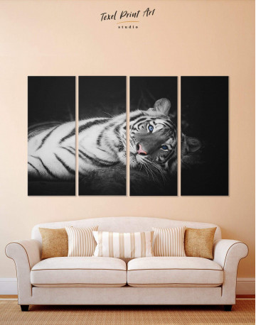 4 Panels Black and White Wild Tiger Canvas Wall Art