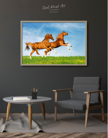 Framed Brown Running Horses on Field Canvas Wall Art