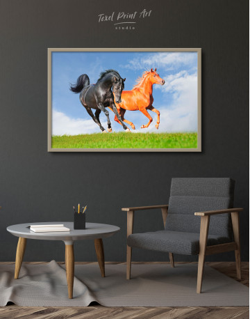 Framed Horses on Field Skyscape Canvas Wall Art