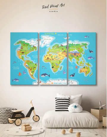3 Panels Childrens Bedroom World Map Canvas Wall Art