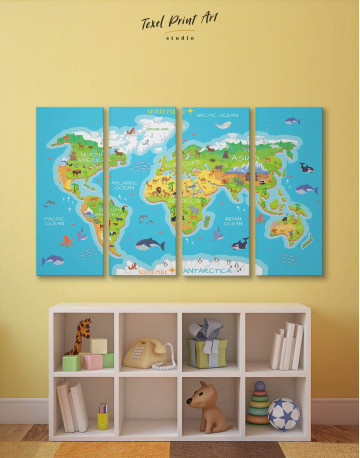 4 Panels Childrens Bedroom World Map Canvas Wall Art