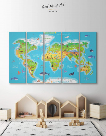 5 Panels Childrens Bedroom World Map Canvas Wall Art