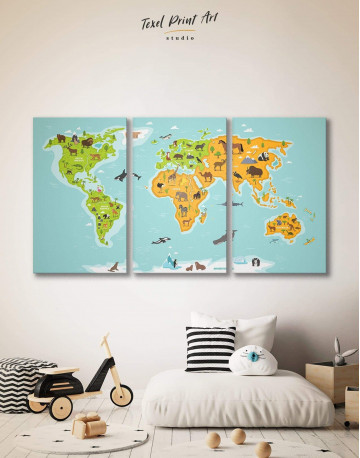 3 Panels Kids World Map With Animals Canvas Wall Art