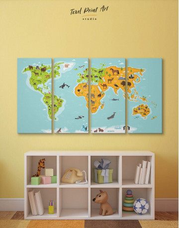 4 Panels Kids World Map With Animals Canvas Wall Art
