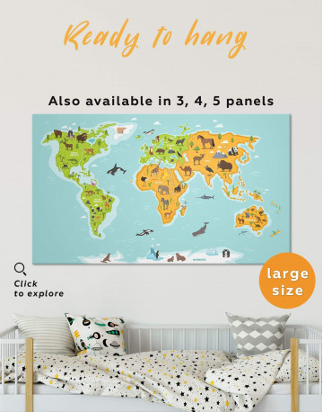 Kids World Map With Animals Canvas Wall Art
