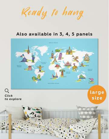 Kids World Map with Famous Places Canvas Wall Art