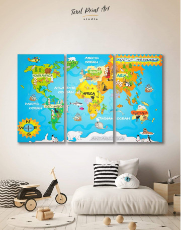 3 Piece Animal Kids World Map Canvas Wall Art