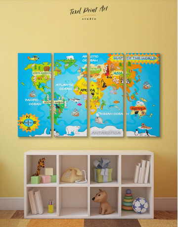 4 Panels Animal Kids World Map Canvas Wall Art