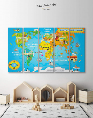 5 Panels Animal Kids World Map Canvas Wall Art