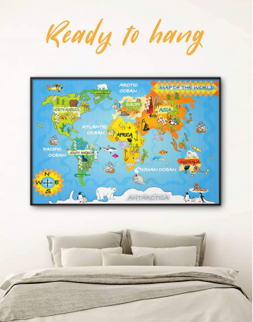 Framed Animal Kids World Map Canvas Wall Art