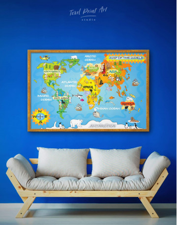 Framed Animal Kids World Map Canvas Wall Art - image 1