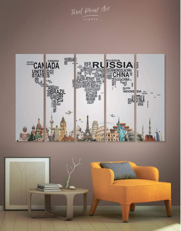 5 Panels Text Abstract World Map Canvas Wall Art