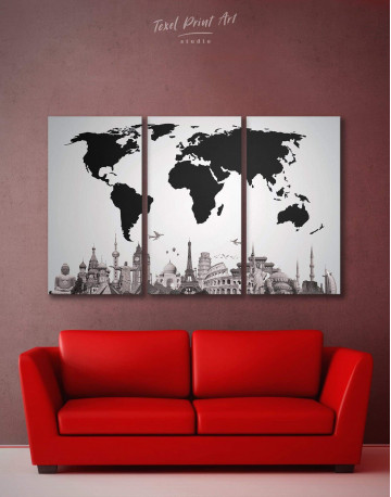 3 Panels Black World Map with Monuments Canvas Wall Art