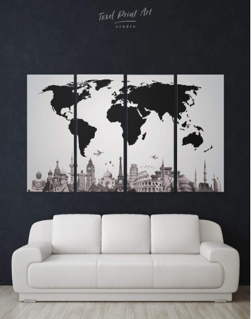 4 Panels Black World Map with Monuments Canvas Wall Art