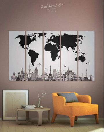 5 Panels Black World Map with Monuments Canvas Wall Art