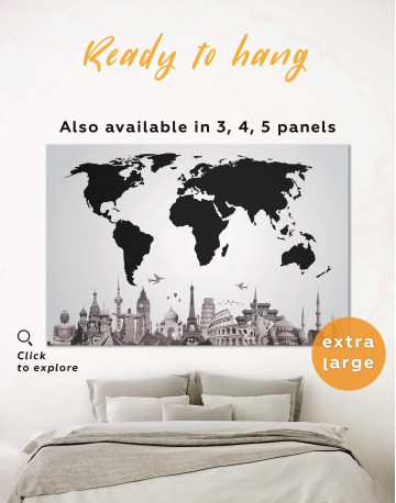 Black World Map with Monuments Canvas Wall Art