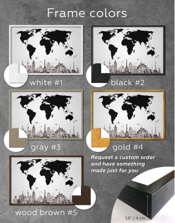 Framed Black World Map with Monuments Canvas Wall Art - image 3