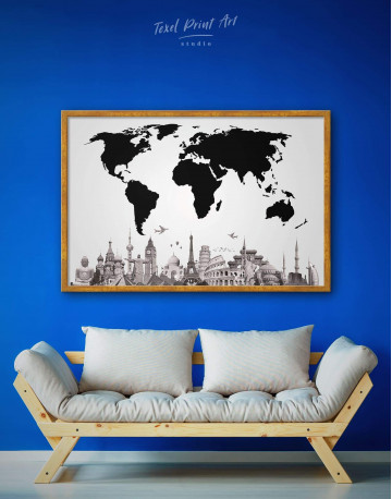 Framed Black World Map with Monuments Canvas Wall Art - image 1