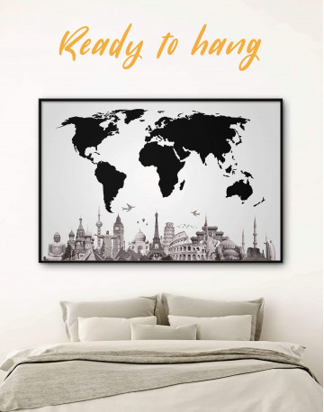 Framed Black World Map with Monuments Canvas Wall Art