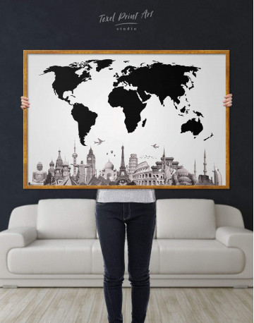 Framed Black World Map with Monuments Canvas Wall Art - image 2