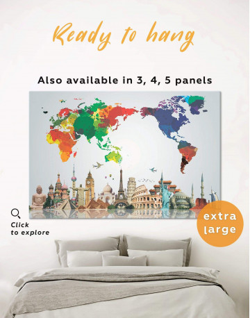 Bright World Map with Landmarks Canvas Wall Art