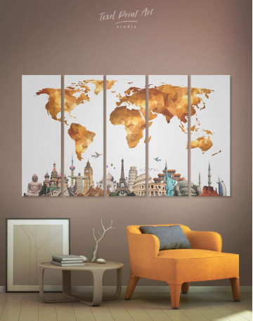 5 Panels Gold Geometric World Map with Sightseeings Canvas Wall Art