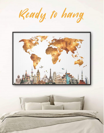 Framed Gold Geometric World Map with Sightseeings Canvas Wall Art