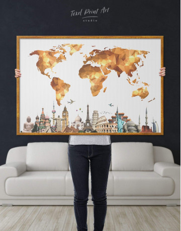 Framed Gold Geometric World Map with Sightseeings Canvas Wall Art - image 2