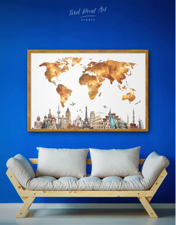 Framed Gold Geometric World Map with Sightseeings Canvas Wall Art - image 1