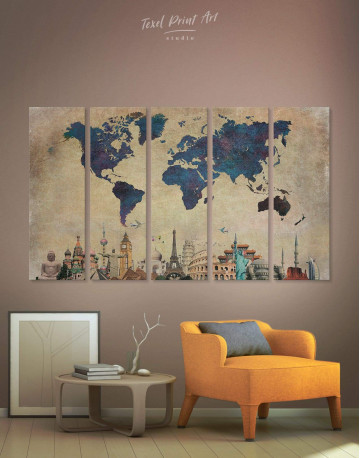 5 Panels Abstract World Map With Attractions Canvas Wall Art