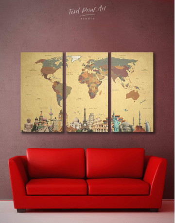 3 Pieces Modern World Map with Landmarks Canvas Wall Art