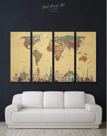 4 Panels Modern World Map with Landmarks Canvas Wall Art