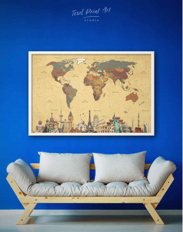 Framed Modern World Map with Landmarks Canvas Wall Art - image 1