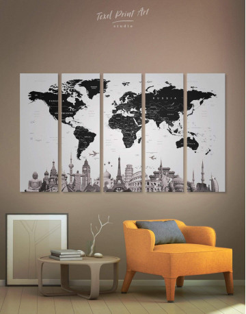 5 Panels Modern Black and White World Map Canvas Wall Art